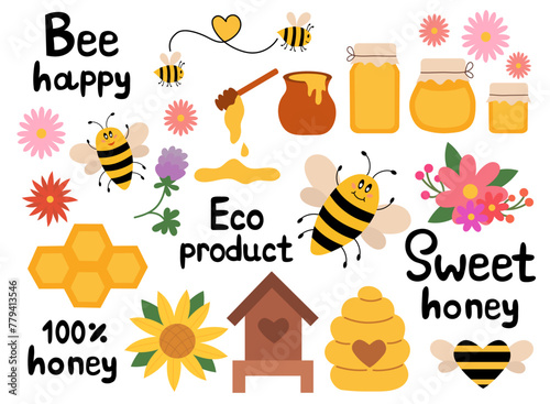 Honey flat Set elements, beekeeping industry. Jars and Pot, dipper spoon. Honeycombs, Hive. Funny bee. Flowers, Sunflower. And Lettering. Organic Eco farm fresh food and floral. Clip art vector.