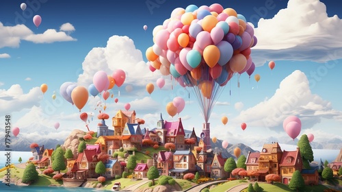 Cartoon characters using a giant slingshot to send party invitations to their cloud house 3D render