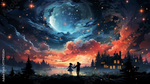 Cartoon couple dancing beneath their dream cloud home