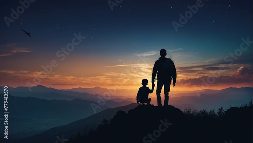 Father day with Silhouette son is riding his father's neck at Mountain peaks in evening time vector design