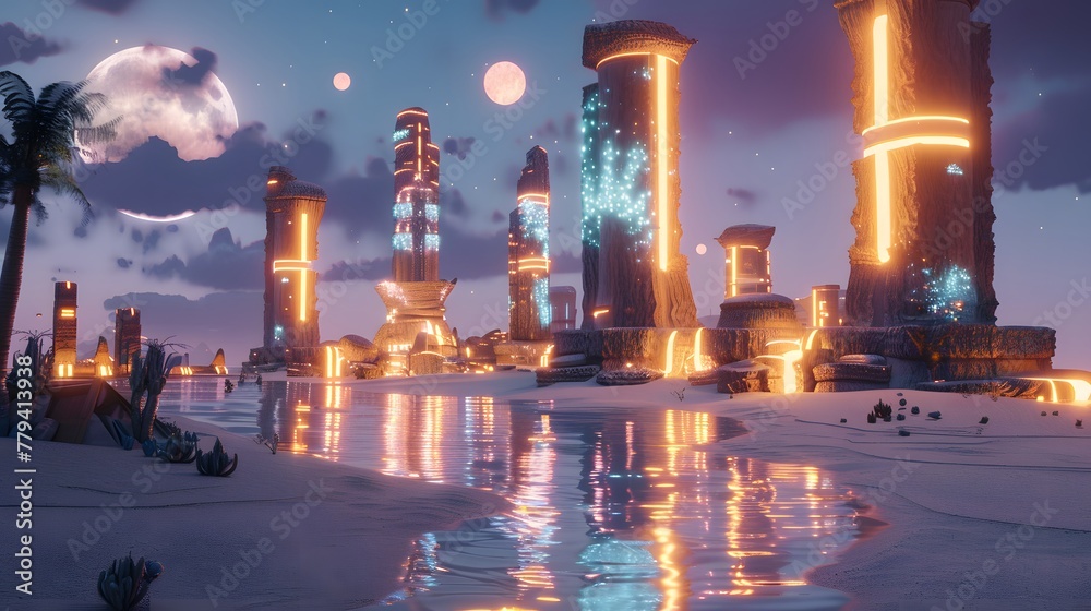 Futuristic city with glowing structures and reflective waterways under a starry sky and celestial moons