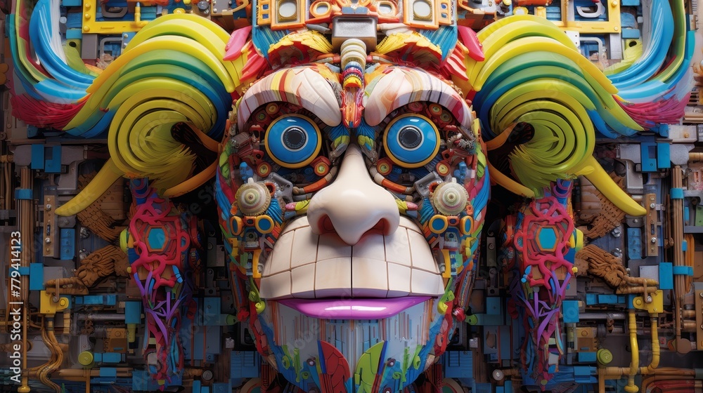 A luminous electronic board forms a kaleidoscope around a monkey head, illustrating the vibrant heart of technology's evolution, origami, futuristic neon, hyper-realistic photography