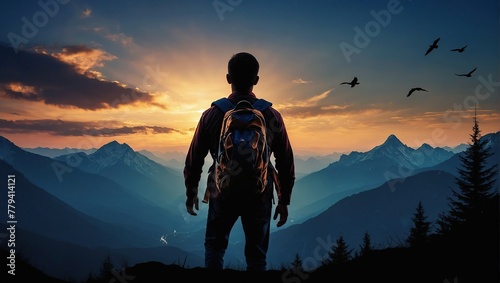 Father day with Silhouette son is riding his father's neck at Mountain peaks in evening time vector design photo
