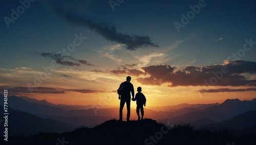 Father day with Silhouette son is riding his father s neck at Mountain peaks in evening time vector design