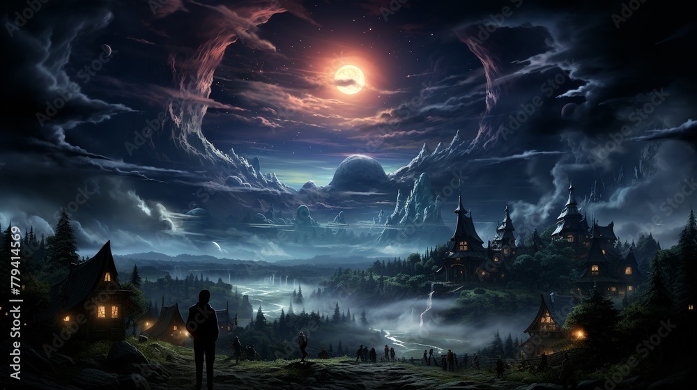 A magical nighttime scene a village where cloud houses glow in the sky like stars