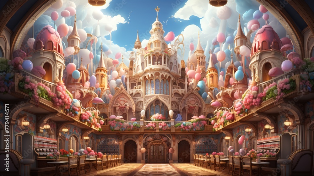 A whimsical candy shop with cloud-shaped candies floating above the shelves cartoon customers gazing in wonder. Bright and colorful interior