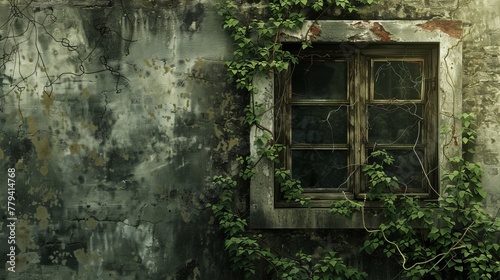 An old antique window set against a wane, old concrete wall, surrounded by green plants, embodying the beauty of abandonment