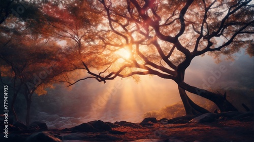 beautiful landscape, decorative trees on a glade at sunset, mystical forest, haze and sunlight , rocks, beautiful nature