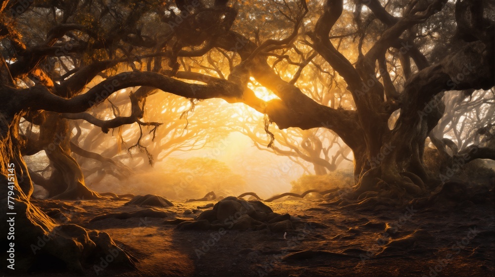 beautiful landscape, decorative trees on a glade at sunset, mystical forest, haze and sunlight , rocks, beautiful nature