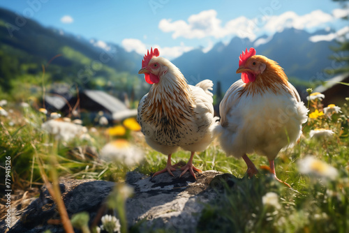 Portrait of chickens on a green grass meadow in mountains, bright sunny day, on a ranch in the village, rural surroundings on the background of spring nature © soleg