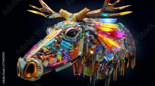 Futuristic moose head sculpture, antlers crafted from glowing electronic circuits, showcasing a bold merger of technology and organic beauty, origami, futuristic neon, hyper-realistic photography