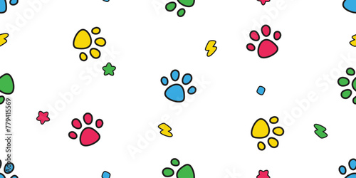 Fototapeta Naklejka Na Ścianę i Meble -  dog paw seamless pattern footprint cat star flash vector colorful pet doodle cartoon gift wrapping paper tile background repeat wallpaper illustration scarf isolated design