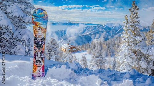 a vibrant snowboard standing upright in a snow-covered landscape with a clear blue sky