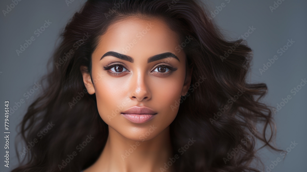 Naklejka premium Beautiful, elegant, sexy Latino, Spain woman with long hair with perfect skin, gray background, banner.