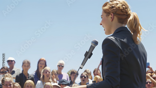 A female voter running for election is addressing her supporters from a pulpit. Her supporters are cheering loudly as she speaks. 