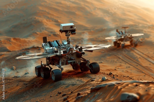 Robot rover with solar panels navigates a desert-like Martian landscape.