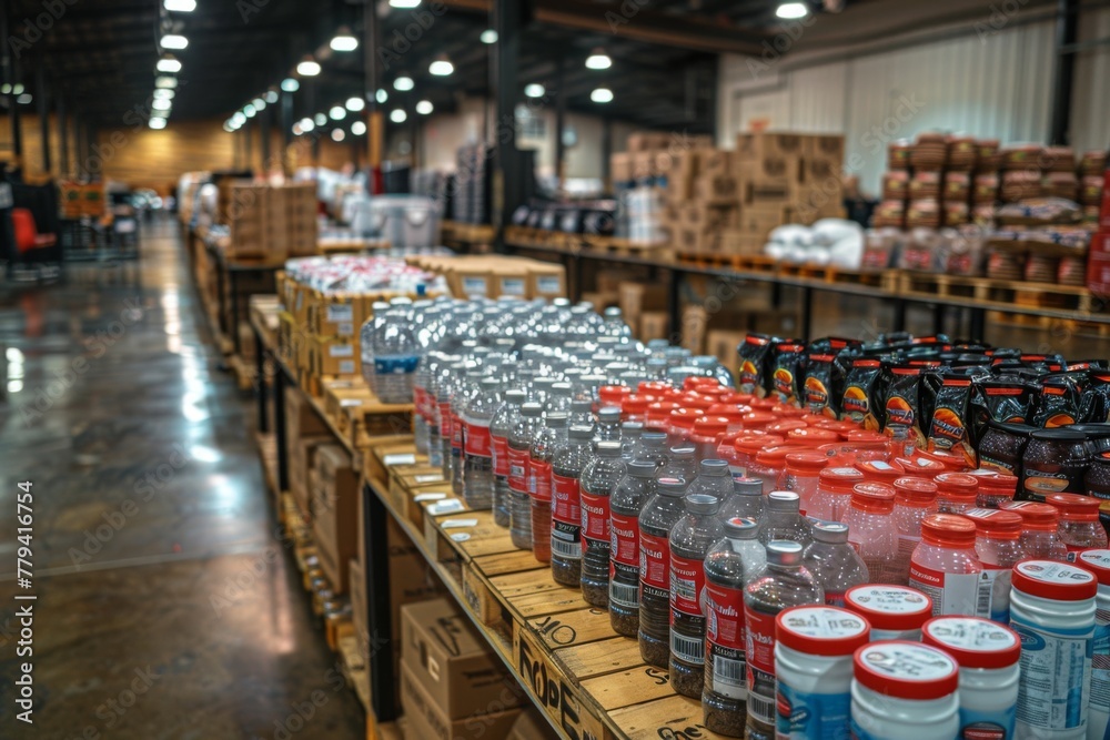 Obraz premium An assortment of beverages and canned goods line the shelves in a well-lit grocery store aisle.