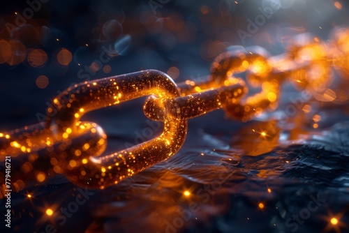 Digital rendering of glowing blockchain links showcasing cybersecurity and fintech.