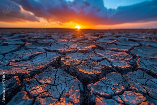 Vivid sunset over a parched earth, the cracks glowing with the last light of day. photo