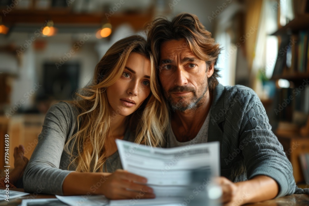 A couple reviews financial documents, their expressions showing focus and concern. A couple reviews financial documents, their expressions showing focus and concern.
