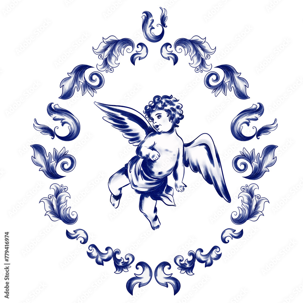Fototapeta premium Watercolor graphic clipart. Azulejo frame with angels, Madonna, vase, floral, landscape, motives. Mediterranean collection, isolated on transparent background. PNG files