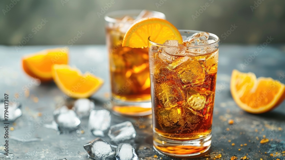 Iced tea with orange slices in tall glasses. Summer refreshment and beverage concept with space for text for banner, menu design Iced tea with orange slices in tall glasses. Summer refreshment and beverage concept with space for text for banner, menu design