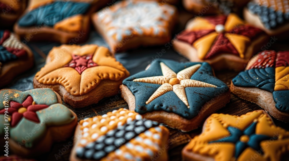 Assorted hand-decorated starfish and flower cookies on a wooden surface.