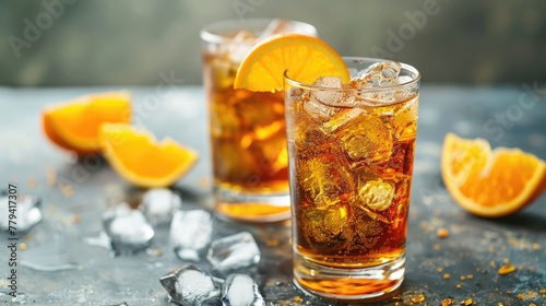Iced tea with orange slices in tall glasses. Summer refreshment and beverage concept with space for text for banner  menu design
