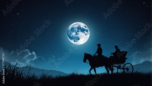 Happy father's day banner with Silhouette son is riding his father is neck at blue full moon night time