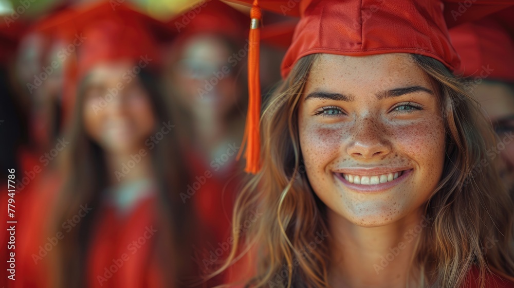 Young woman in graduation cap and gown smiling with peers in the background.