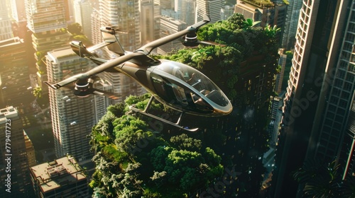 Electric helicopter landing on eco-friendly urban rooftop garden. Future city transportation concept. Sustainable development photo