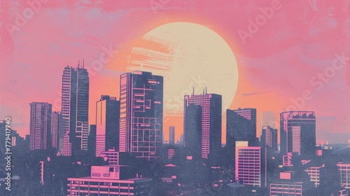 Retro-futuristic cityscape illustration with a large sun.