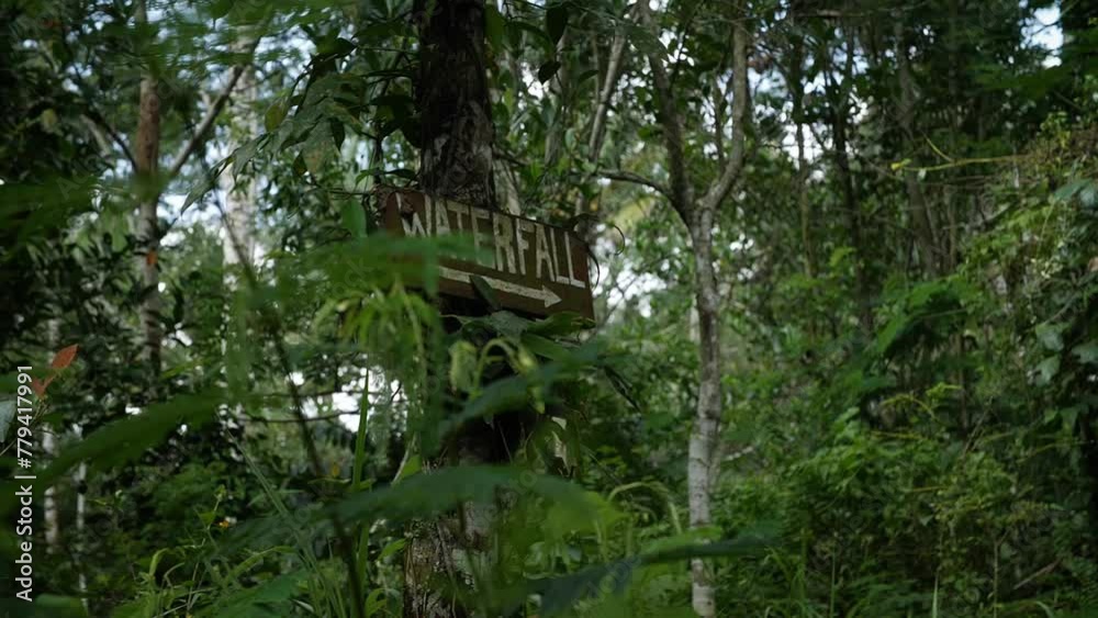 Waterfall sign in the middle of the jungle. Bali, Indonesia. High quality FullHD slow motion footage. Waterfall sign in the middle of the jungle. Bali, Indonesia. High quality FullHD slow motion footage.