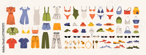 Fashion clothes mega set. Summer garments and accessories, stylish woman apparel, dresses swimsuits t-shirts pants shoes shorts bags hats casual elegant style. Flat vector collection © Yelyzaveta