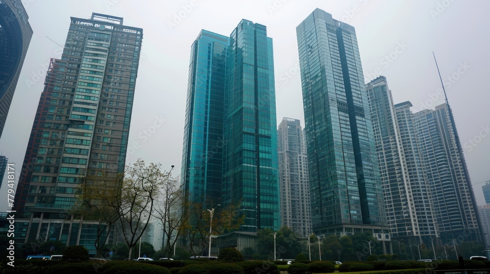 Obraz premium Modern skyscrapers in a misty urban landscape.