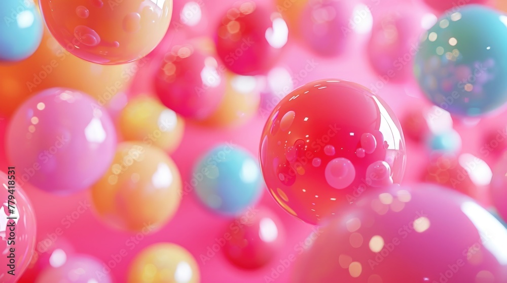 Abstract 3D render of colorful floating spheres on pink background.
