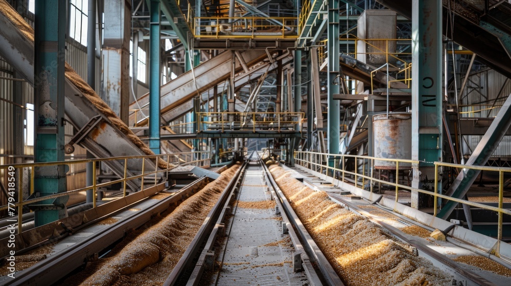Industrial grain processing facility interior with conveyor belts.