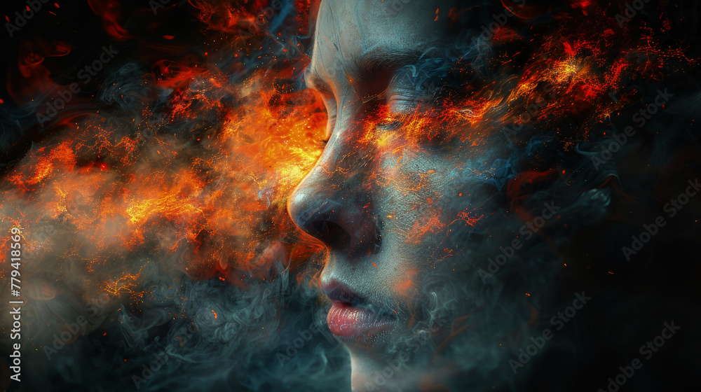Goddess face among dark cosmic clouds. Fictional quantum world. Goddess face among dark cosmic clouds. Fictional quantum world.