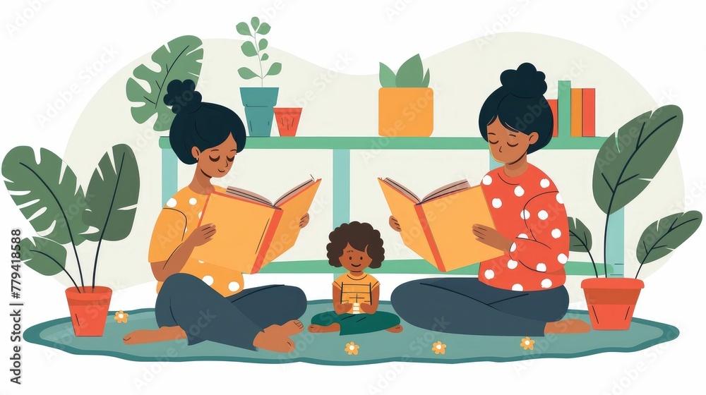 Mothers Sharing Beloved Stories with Their Children in Cozy Joyful Moment Mothers Sharing Beloved Stories with Their Children in Cozy Joyful Moment