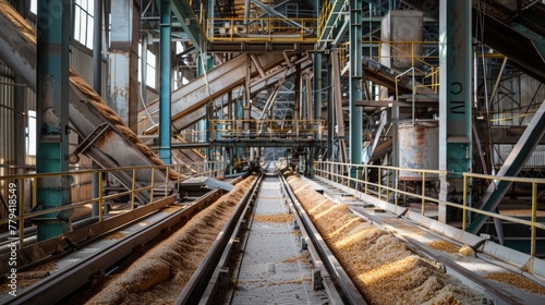 Industrial grain processing facility interior with conveyor belts.