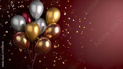 sliver and gold balloons with confetti on dark red background