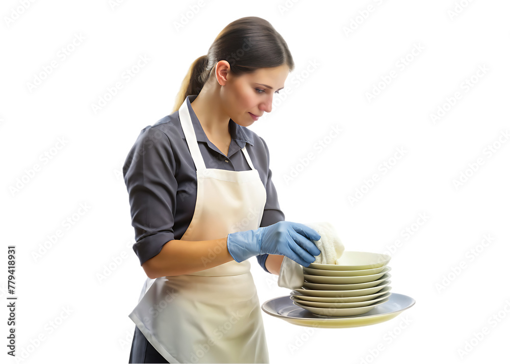 Woman washing dishes in bright industrial kitchen with white tableware Woman washing dishes in bright industrial kitchen with white tableware