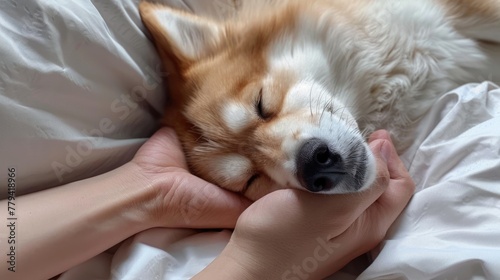 Sleeping dog cuddled in a knit blanket with a human hand petting it. © Julia Jones