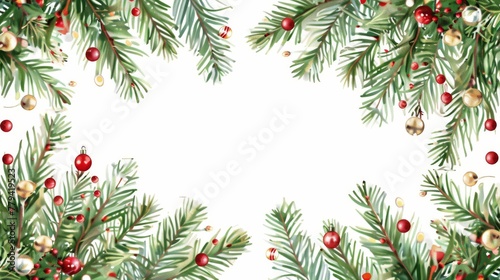 Christmas frame with ample copy space  featuring pine branches and festive decorations.