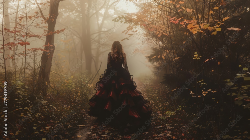 Woman in a dark, flowing gown in a misty autumn forest, suitable for thematic storytelling.