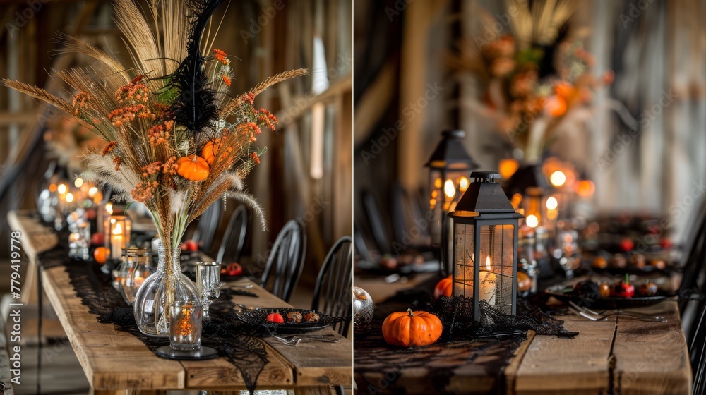 Autumn harvest-themed table setup in a rustic barn, ideal for fall events and weddings.