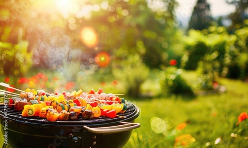 Vibrant image of grilled kebabs with a variety of vegetables and meats on a smoking barbecue in a garden. © Daniela