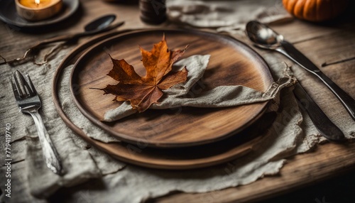 An autumn-themed dinnerware setting: wooden plate, fork, knife, napkin, and dry leaves on a rustic table.