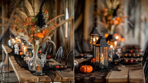 Autumn harvest-themed table setup in a rustic barn, ideal for fall events and weddings.