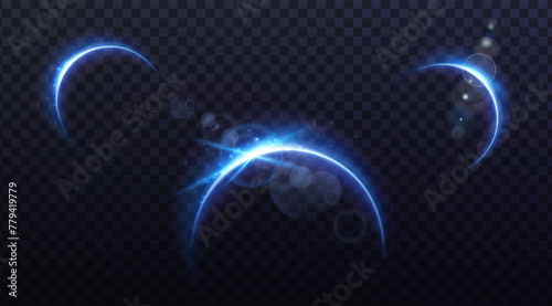 Vector illustration. Sun edge eclipse with blue rays and sun beams on dark transparent background.